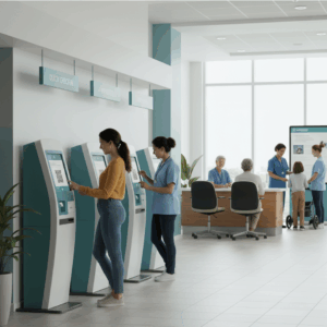 How do self-service kiosks improve staff productivity and resource allocation?
