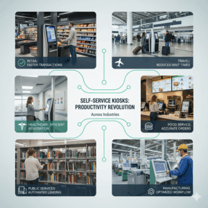 What specific tasks do self-service kiosks automate to reduce staff workload